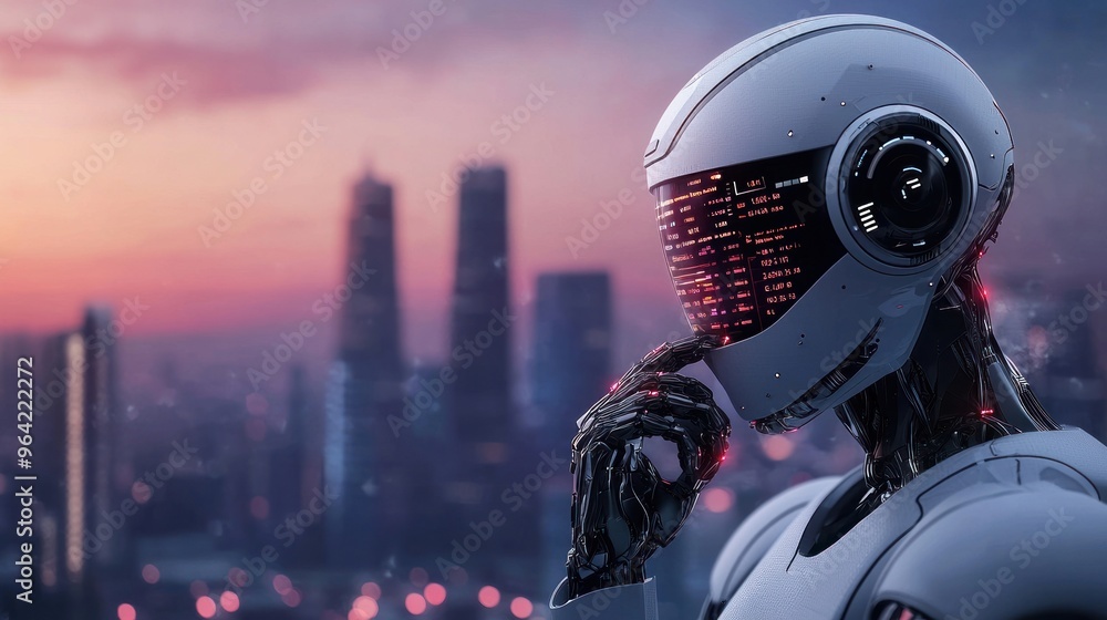 Robot adjusting virtual screens with stock data in a futuristic cityscape, digital trading headquarters, innovation in finance Robot adjusting virtual screens with stock data in a futuristic cityscape, digital trading headquarters, innovation in finance