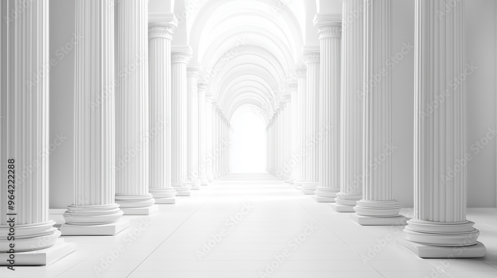 Białe wnętrze korytarza z eleganckimi filarami w tle. Minimalistyczna i nowoczesna przestrzeń, gdzie jasne kolory i prosty design filarów tworzą harmonijną i przestronną atmosferę. Białe wnętrze korytarza z eleganckimi filarami w tle. Minimalistyczna i nowoczesna przestrzeń, gdzie jasne kolory i prosty design filarów tworzą harmonijną i przestronną atmosferę.
