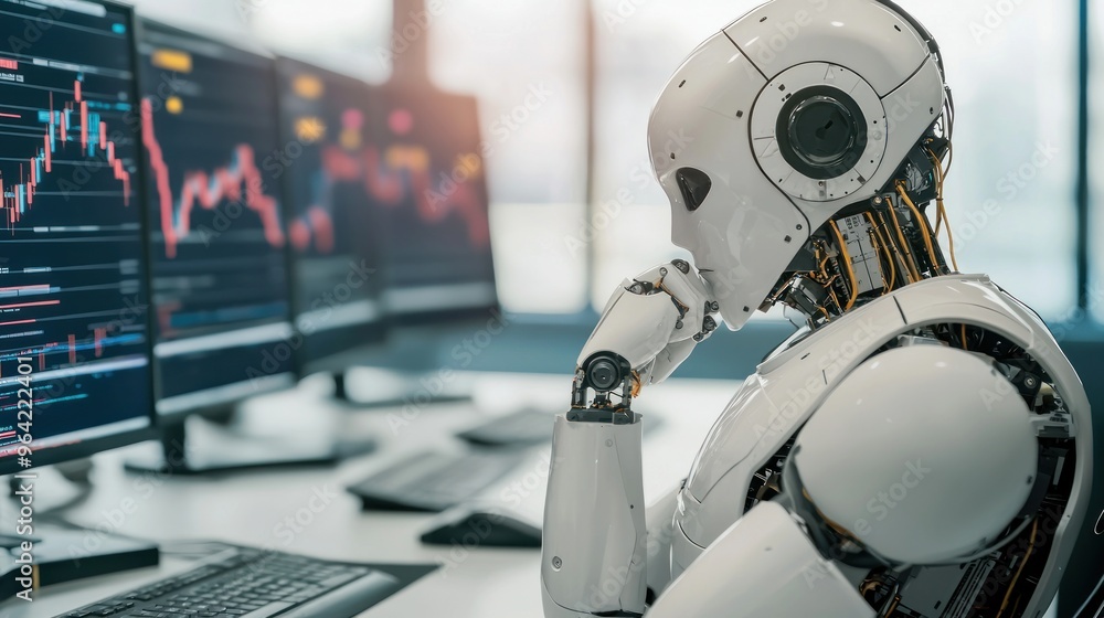 Robots simulating different market scenarios in a virtual environment, stress testing in trading, AI-driven market simulations Robots simulating different market scenarios in a virtual environment, stress testing in trading, AI-driven market simulations