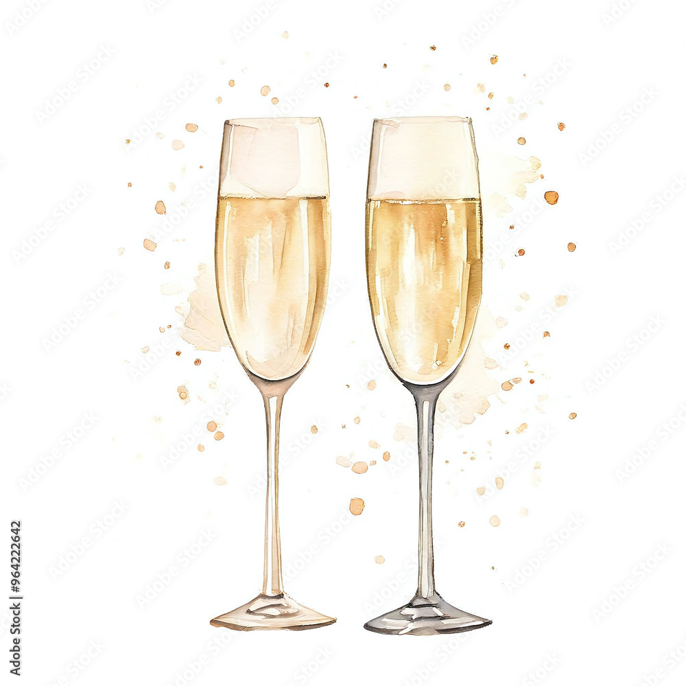 Watercolor Illustration of Two Bubbly Champagne Glasses on White Background, Celebration, Happy New Year Watercolor Illustration of Two Bubbly Champagne Glasses on White Background, Celebration, Happy New Year