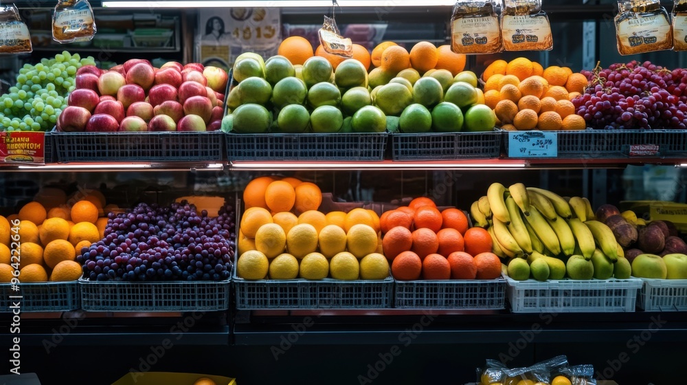 A vibrant, well-organized fruit shelf overflowing with a variety of fresh produce, including apples, oranges, bananas, and grapes, all neatly stacked and glistening under bright lights. A vibrant, well-organized fruit shelf overflowing with a variety of fresh produce, including apples, oranges, bananas, and grapes, all neatly stacked and glistening under bright lights.