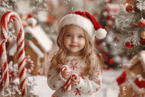 a cute little girl dressed in Christmas standing on the street surrounded by gingerbread houses.