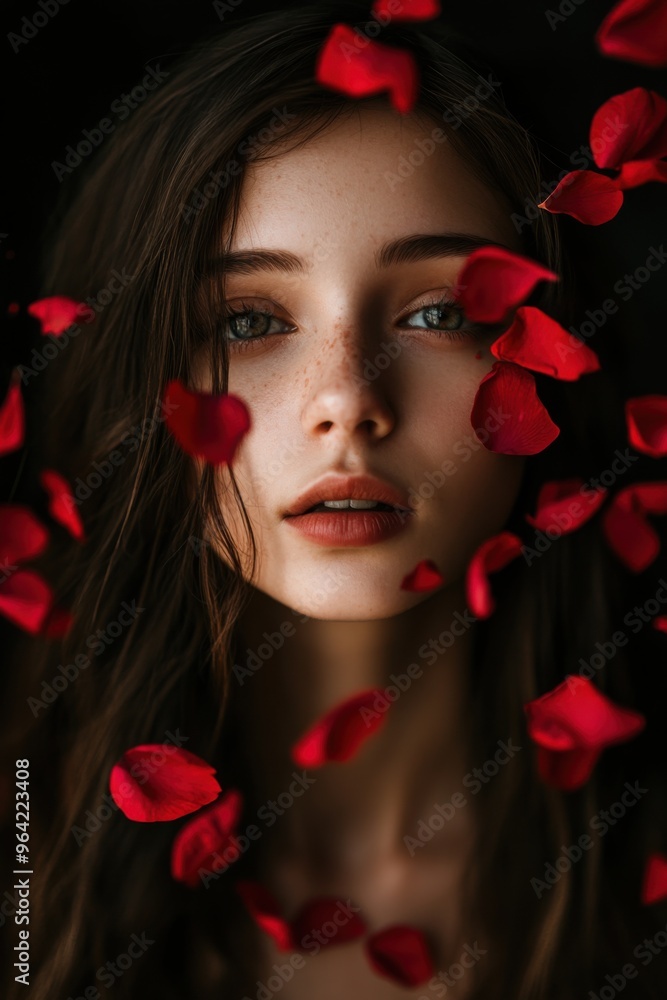 A girl having her face covered by red petals falling. A girl having her face covered by red petals falling.