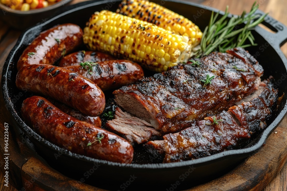 Delicious grilled sausages and corn serving with sliced roast beef on cast iron pan Delicious grilled sausages and corn serving with sliced roast beef on cast iron pan