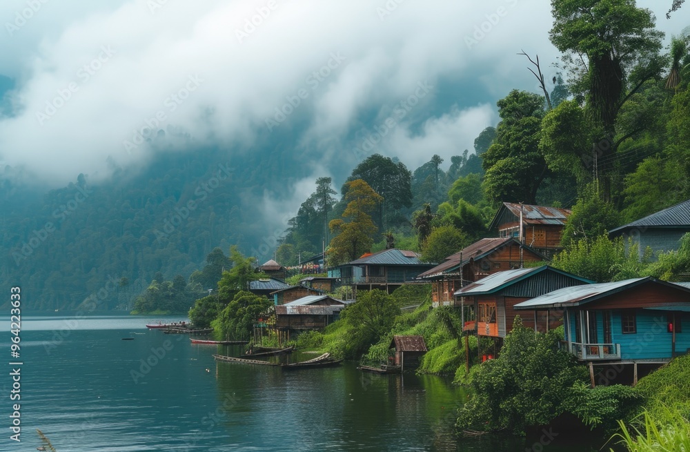 Fototapeta premium Lakeside village with houses nestled in the misty mountains