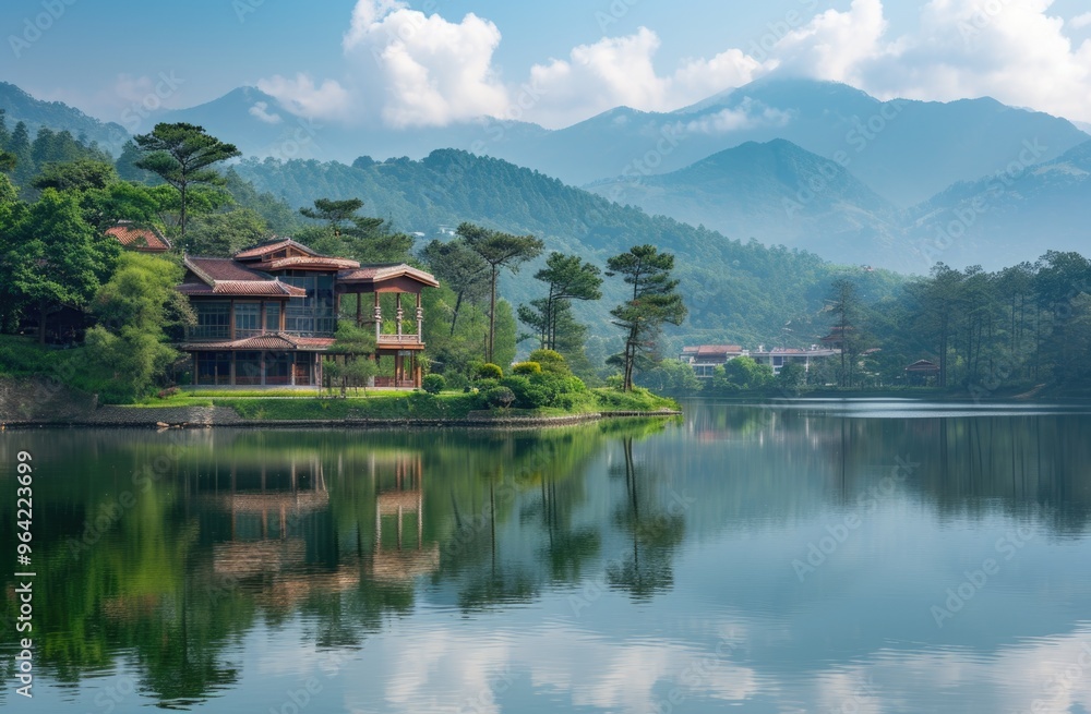 Lakeside mansion surrounded by mountains and forest Lakeside mansion surrounded by mountains and forest