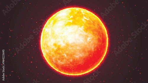 Large plan of a star in space with turbulence, surface fire, heat and the dynamics of a burning atmosphere. Fireball. Planet. Star. Sun. Vector illustration