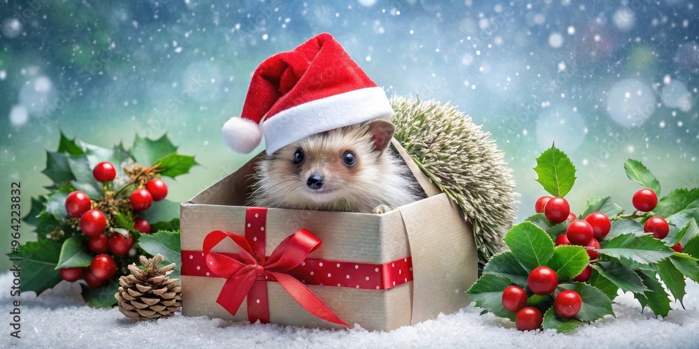 Adorable hedgehog wearing Santa hat and red scarf, surrounded by snowflakes and festive holly, peeks out of a gift box filled with shiny ornaments. Adorable hedgehog wearing Santa hat and red scarf, surrounded by snowflakes and festive holly, peeks out of a gift box filled with shiny ornaments.