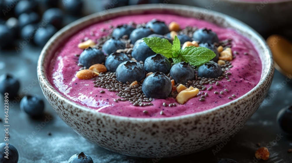 Colorful smoothie bowl topped with blueberries, nuts, and seeds. Colorful smoothie bowl topped with blueberries, nuts, and seeds.