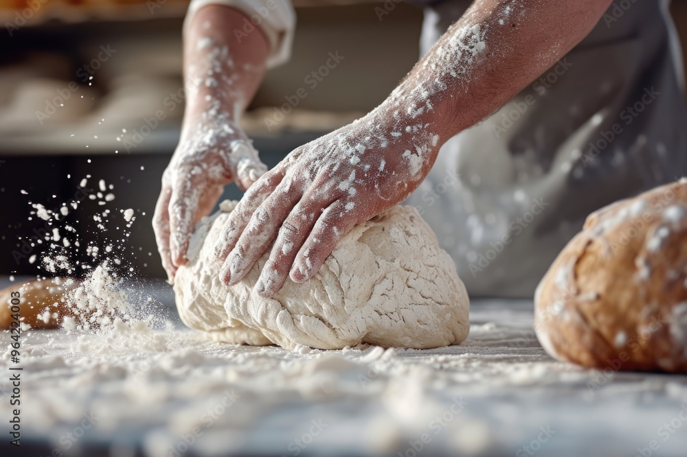Obraz premium Baker kneading dough with flour dusting in a kitchen