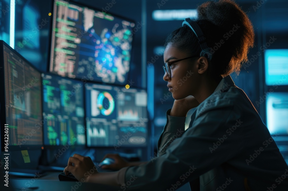 Focused cybersecurity analyst working in a high tech environment Focused cybersecurity analyst working in a high tech environment