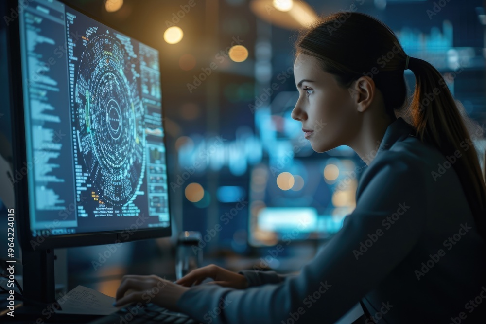 Focused cybersecurity analyst working in a high tech environment Focused cybersecurity analyst working in a high tech environment