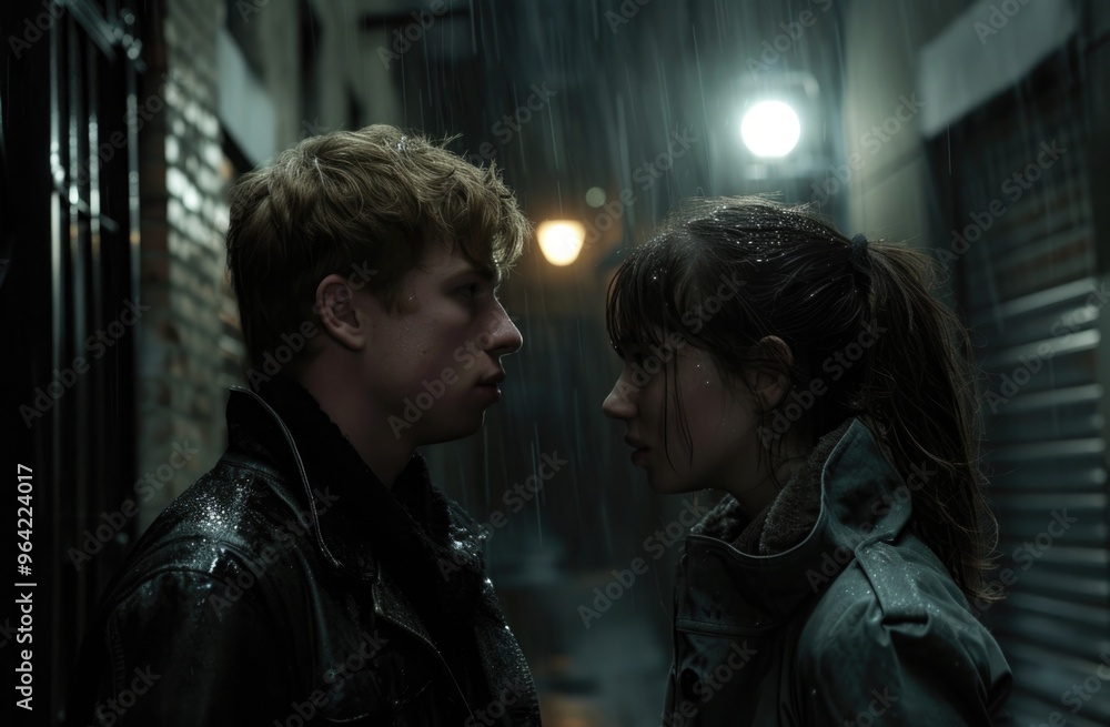 Intense standoff between two individuals in a rainy alley Intense standoff between two individuals in a rainy alley