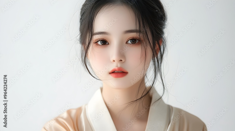 Fototapeta premium Serene Asian Woman in Elegant Silk Robe on Minimalist White Background
