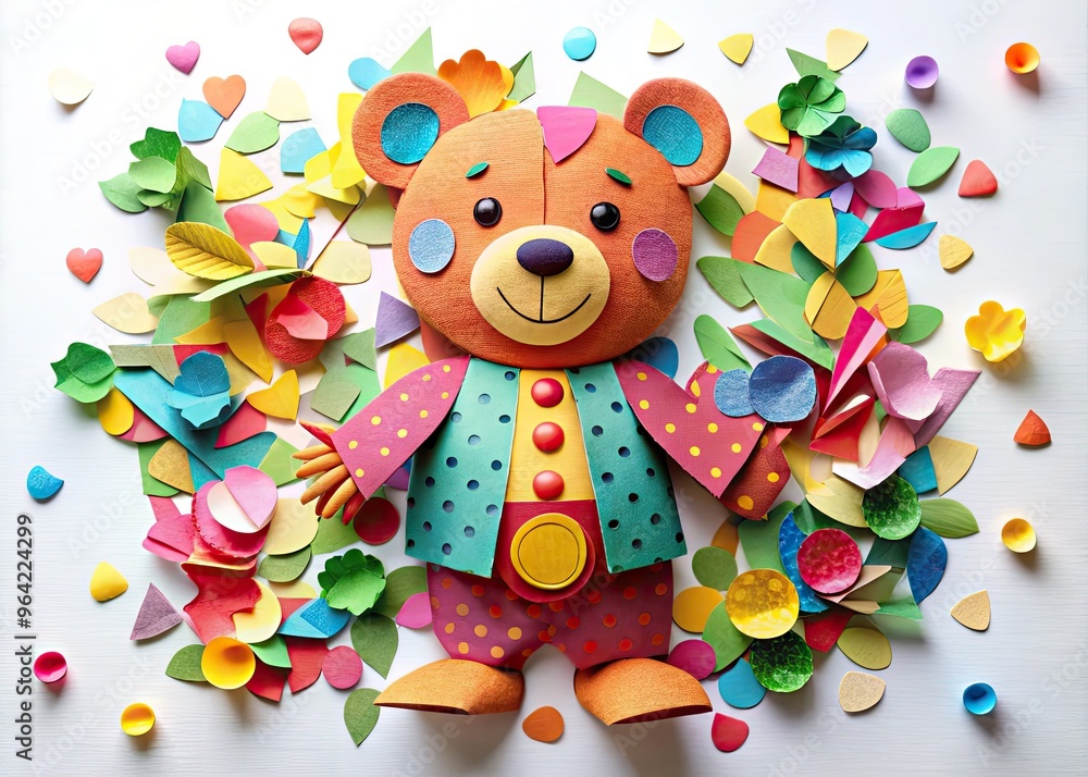 Naklejka premium Adorable teddy bear sculpture crafted from bright colored paper cutouts, arranged in a whimsical collage on a white background, surrounded by scattered paper scraps.