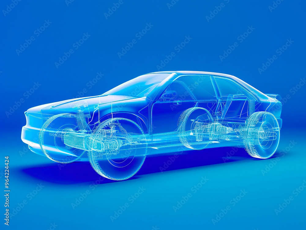 Car visualization with augmented reality Transparent car in studio drawing in blue colors, blueprint glowing neon hologram futuristic show technology security for premium product business financ Car visualization with augmented reality Transparent car in studio drawing in blue colors, blueprint glowing neon hologram futuristic show technology security for premium product business financ