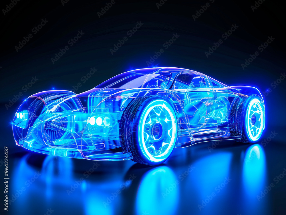 Car visualization with augmented reality Transparent car in studio drawing in blue colors, blueprint glowing neon hologram futuristic show technology security for premium product business financ Car visualization with augmented reality Transparent car in studio drawing in blue colors, blueprint glowing neon hologram futuristic show technology security for premium product business financ