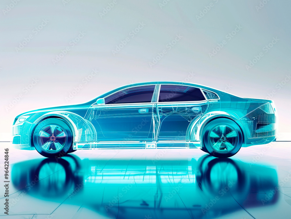 Car visualization with augmented reality Transparent car in studio drawing in blue colors, blueprint glowing neon hologram futuristic show technology security for premium product business finance Car visualization with augmented reality Transparent car in studio drawing in blue colors, blueprint glowing neon hologram futuristic show technology security for premium product business finance