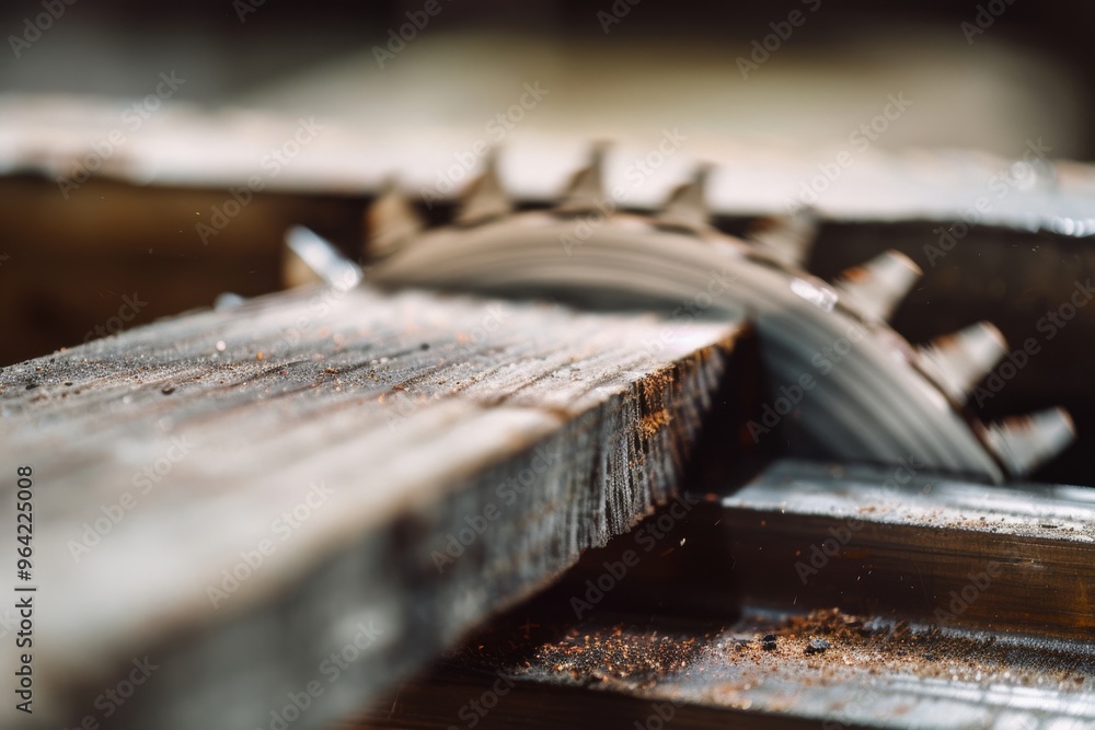 A dynamic shot of a circular saw blade cutting through wood, with particles of sawdust and wood fibers in motion, emphasizing action and craftsmanship. A dynamic shot of a circular saw blade cutting through wood, with particles of sawdust and wood fibers in motion, emphasizing action and craftsmanship.