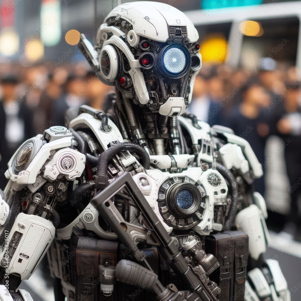 Close-up, detailed robotic police officers patrolling the streets, cyber punk style Close-up, detailed robotic police officers patrolling the streets, cyber punk style