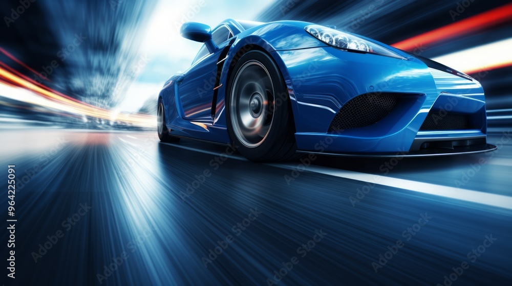 Movement shot of fast blue car driving on asphalt road with high speed. Neural network ai generated art Movement shot of fast blue car driving on asphalt road with high speed. Neural network ai generated art