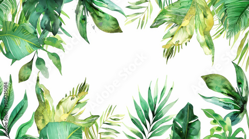 Aesthetic watercolor frame with green tropical leaves, copy space, light background, foliage template. Generative AI