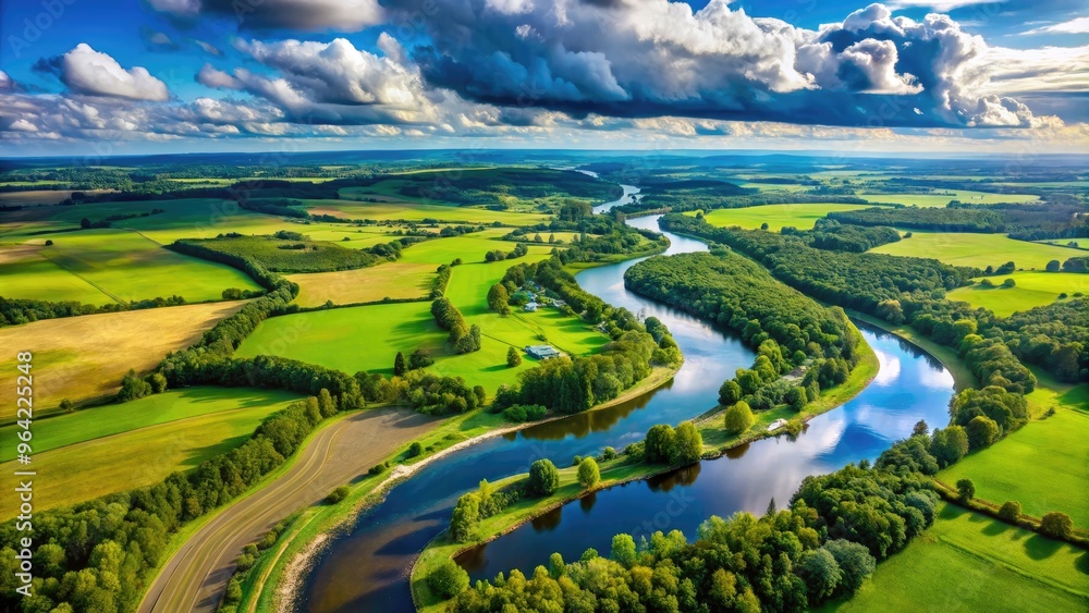 Fototapeta premium Aerial view of a meandering river, surrounded by lush green forests, winding roads, and rural farmland, under a clear blue sky with fluffy white clouds.