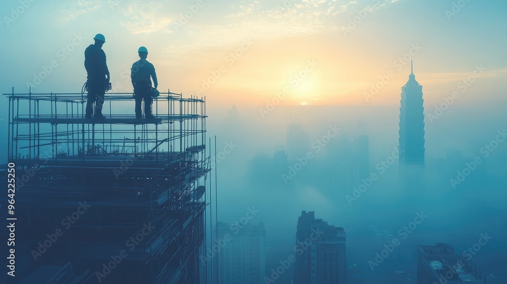 Naklejka premium Construction workers observing taipei skyline at sunrise with fog