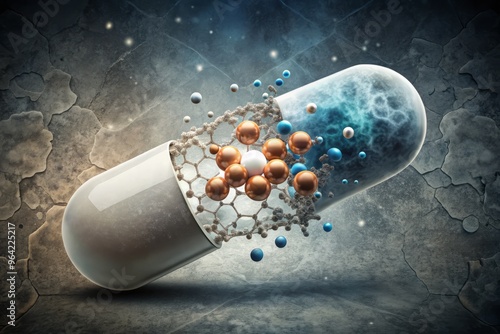 A stylized illustration of a statin tablet, with its outer shell cracked open to reveal a swirling vortex of molecules and atoms, set against a muted gray background photo