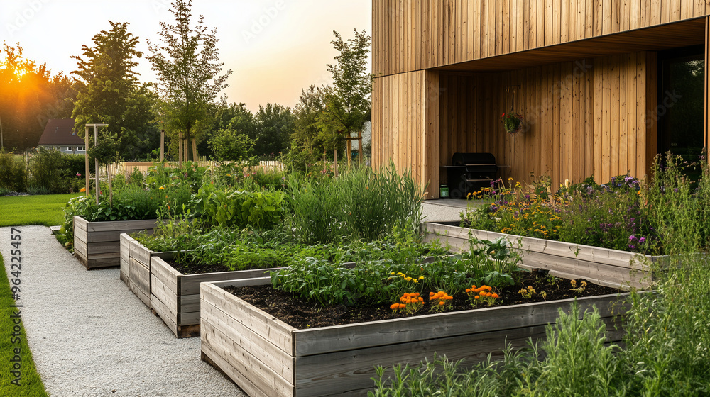 Fototapeta premium Nowoczesny ogród w stylu wiejskim, w których rosną różnorodne rośliny, takie jak zioła, przyprawy, warzywa i kwiaty.