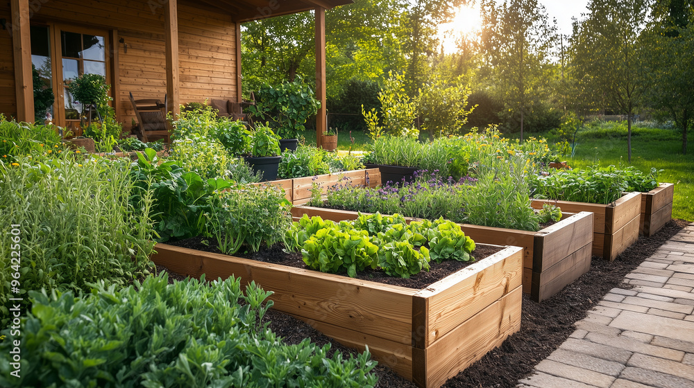 Fototapeta premium Nowoczesny ogród w stylu wiejskim, w których rosną różnorodne rośliny, takie jak zioła, przyprawy, warzywa i kwiaty.