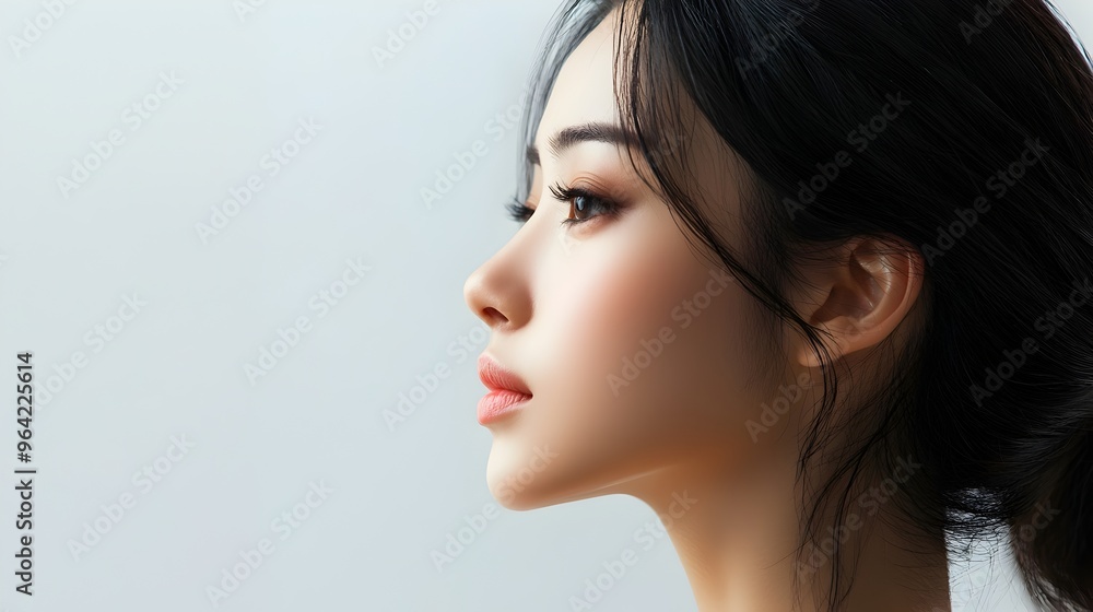 Elegant Asian Woman's Minimalist Portrait with Traditional Hairstyle Elegant Asian Woman's Minimalist Portrait with Traditional Hairstyle