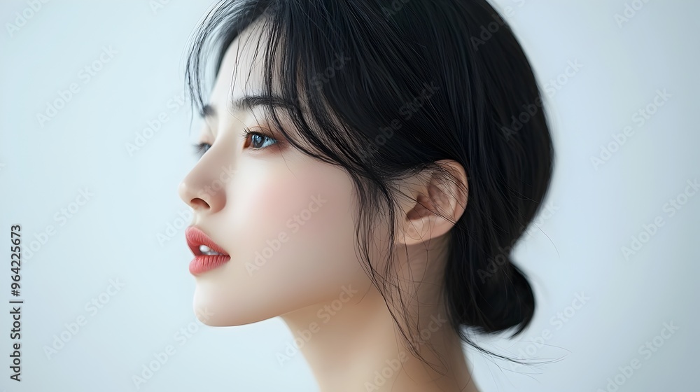 Elegant Asian Woman Profile with Traditional Hairstyle in Minimalist White Setting Elegant Asian Woman Profile with Traditional Hairstyle in Minimalist White Setting