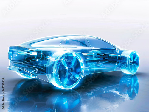 Car visualization with augmented reality Transparent car in studio drawing in blue colors, blueprint glowing neon hologram futuristic show technology security for premium product business finance photo