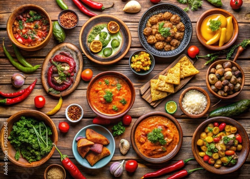 Aerial View Of A Vibrant Array Of Traditional Chilean Dishes Arranged On A Wooden Table In A Rustic Setting photo