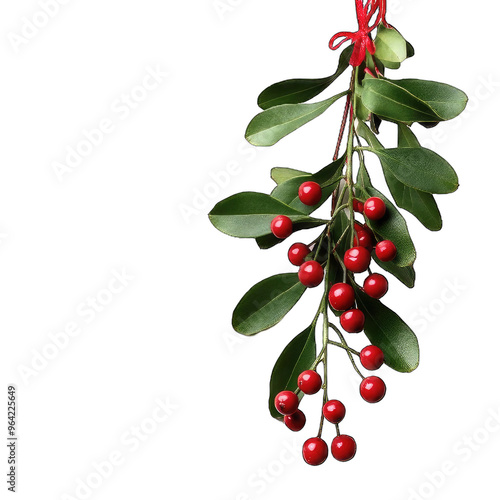 A festive sprig of mistletoe with vibrant red berries and lush green leaves, perfect for holiday decorations.