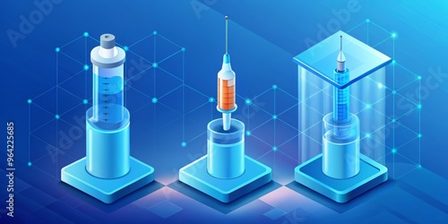 Simple and modern vector illustration of vaccine trials phases on a gradient blue background with 3D shapes and diagrams showcasing the distinct stages of vaccine development  photo