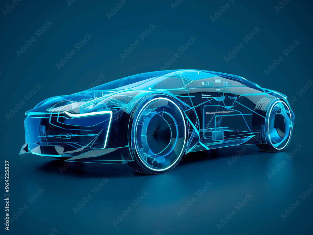 Fototapeta premium Car visualization with augmented reality Transparent car in studio drawing in blue colors, blueprint glowing neon hologram futuristic show technology security for premium product business finance