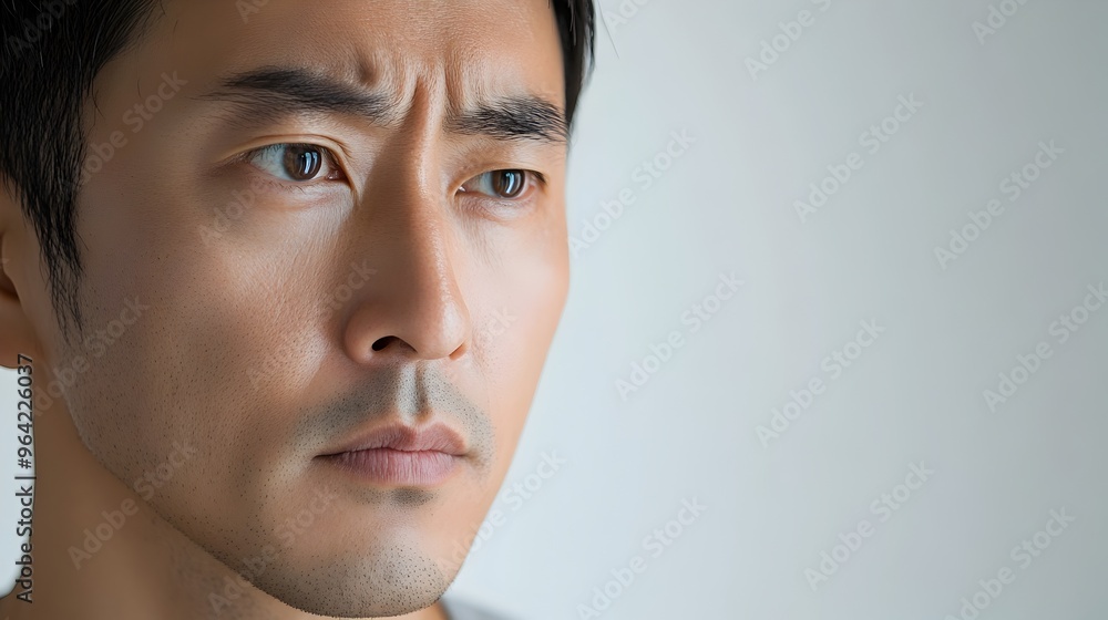 Thoughtful Asian Man in Serene Contemplation Against Simple White Background Thoughtful Asian Man in Serene Contemplation Against Simple White Background