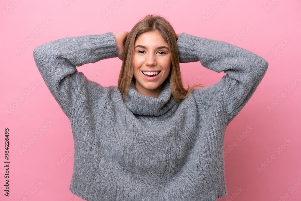 Young caucasian woman isolated on pink bakcground laughing Young caucasian woman isolated on pink bakcground laughing