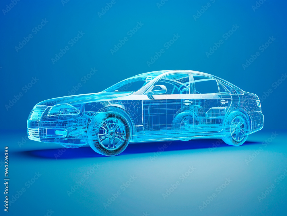 Car visualization with augmented reality Transparent car in studio drawing in blue colors, blueprint glowing neon hologram futuristic show technology security for premium product business finance Car visualization with augmented reality Transparent car in studio drawing in blue colors, blueprint glowing neon hologram futuristic show technology security for premium product business finance