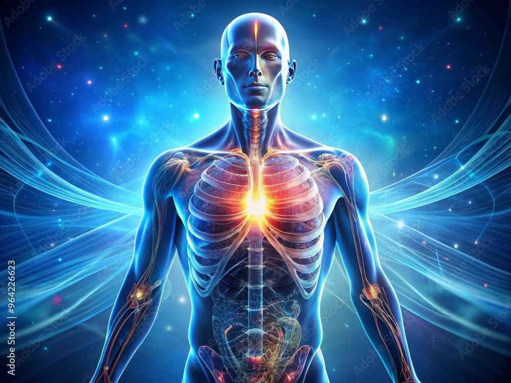 A futuristic illustration of a human body, with internal organs and systems visible through a transparent, glowing skin, set against a dark blue gradient background with subtle A futuristic illustration of a human body, with internal organs and systems visible through a transparent, glowing skin, set against a dark blue gradient background with subtle