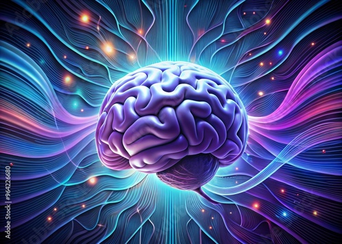 A highly stylized, isometric illustration of the Somatosensory Cortex nestled within the brain, surrounded by swirling patterns of purple and blue, evoking a sense of dynamic energy and movement photo