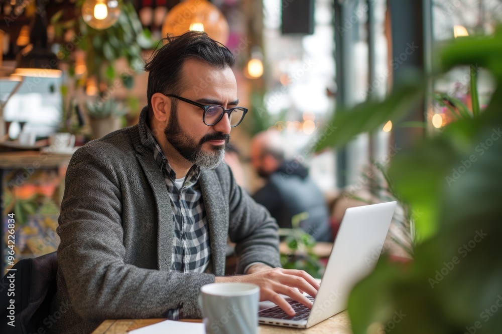 Man using laptop in a cafe with a warm atmosphere Man using laptop in a cafe with a warm atmosphere