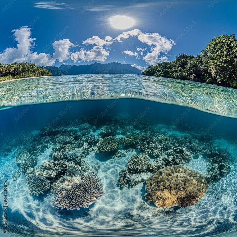 Naklejka premium ## Tropical Lagoon Paradise: 360Â° Virtual Dive into Crystal Clear Waters & Coral Reefs