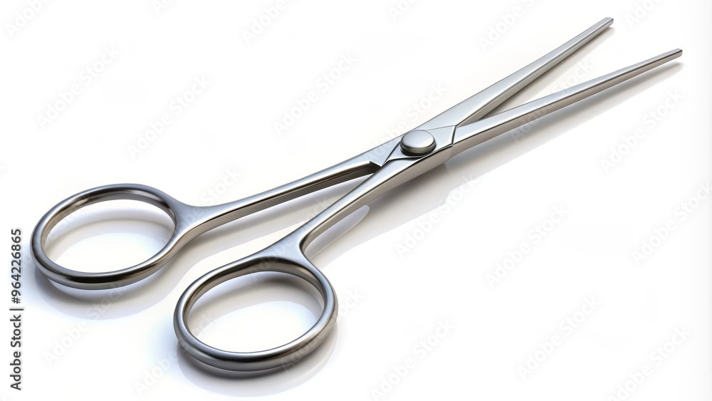 A precise illustration of a surgical hemostat on a clean and minimalist white background, showcasing its curved jaws and ergonomic handle in a sharp and crisp perspective A precise illustration of a surgical hemostat on a clean and minimalist white background, showcasing its curved jaws and ergonomic handle in a sharp and crisp perspective