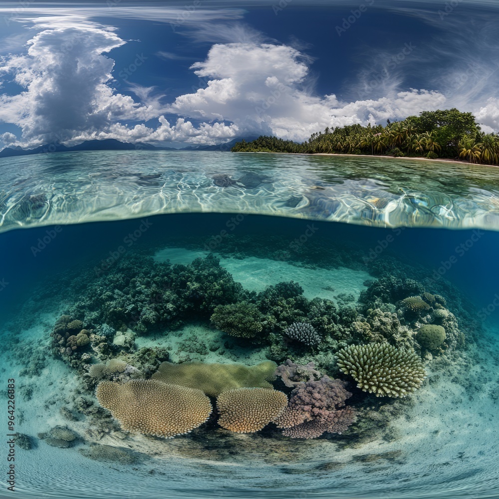 Fototapeta premium ## Dive Into Paradise: 360Â° Tropical Lagoon with Stunning Coral Reefs