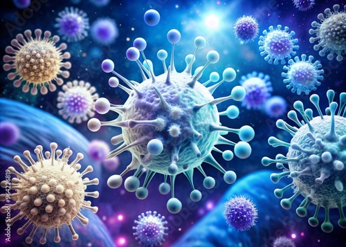 A stylized depiction of the human immune system, showcasing white blood cells and antibodies working together to fight off invading pathogens