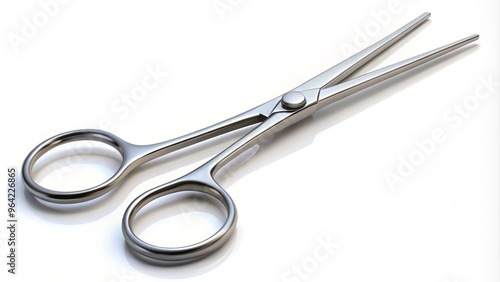 A precise illustration of a surgical hemostat on a clean and minimalist white background, showcasing its curved jaws and ergonomic handle in a sharp and crisp perspective