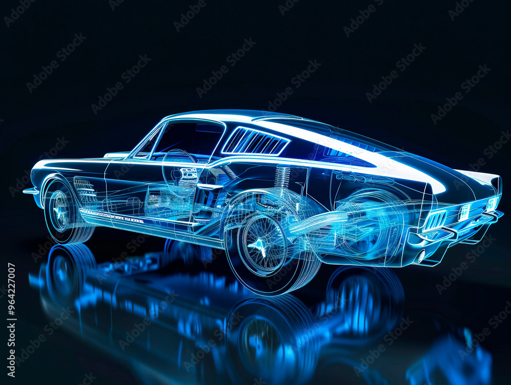 Car visualization with augmented reality Transparent car in studio drawing in blue colors, blueprint glowing neon hologram futuristic show technology security for premium product business finance Car visualization with augmented reality Transparent car in studio drawing in blue colors, blueprint glowing neon hologram futuristic show technology security for premium product business finance